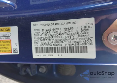 2020 Honda Accord Sport z USA, uszkodzony, nr VIN 1HGCV1F30LA033148